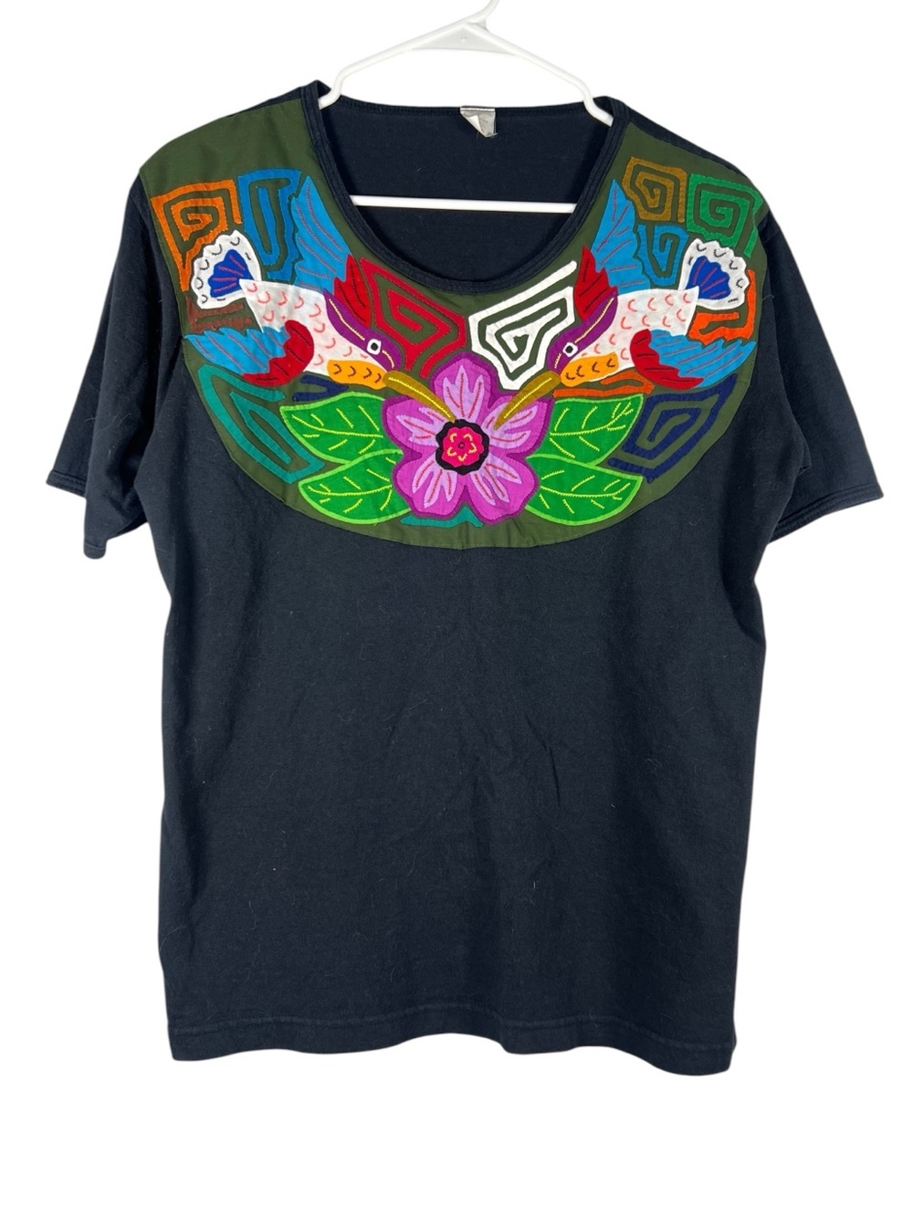 Vintage Mexican Embroidered Floral Hummingbird Colorful Cotton Tee Medium